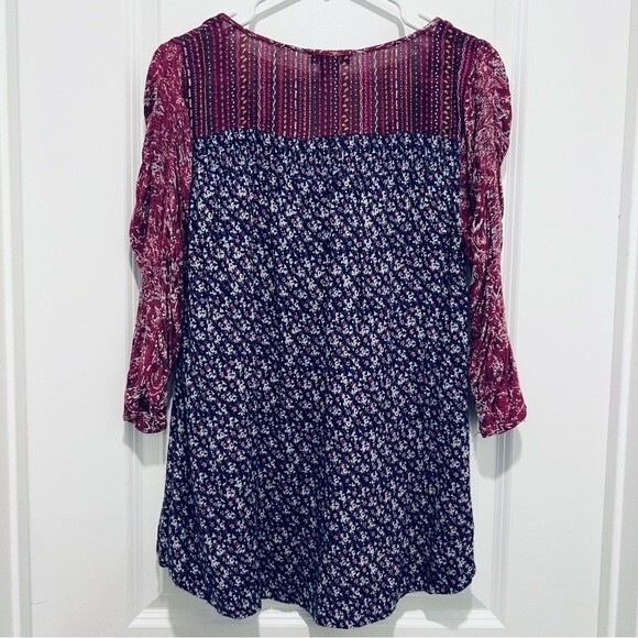 Lucky Brand Mixed Print High Low Boho Top 3/4 Ruched Sleeve Women's Size Small - Picture 9 of 12